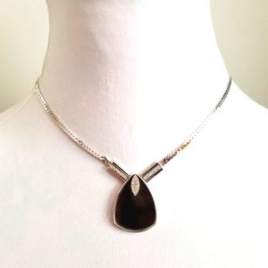 Bold necklace black cabochon silver tone sparkly clear crystals